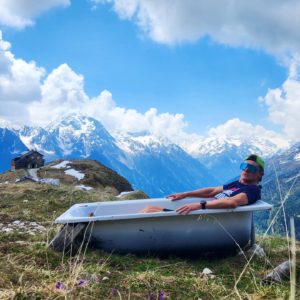 Tom Joly in a bath tub :-) on a hill above Innsbruck