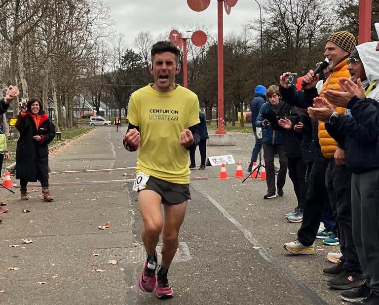 Robbie Britton Finishing his record breaking GB 24 hour run in Turin,  Feb 2023