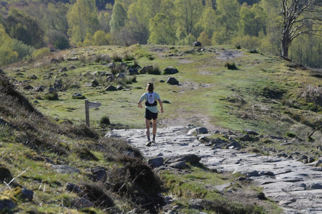 Elsey Davis descending Conic Hill. Fling Race 2024 Pic Graham Hewiston