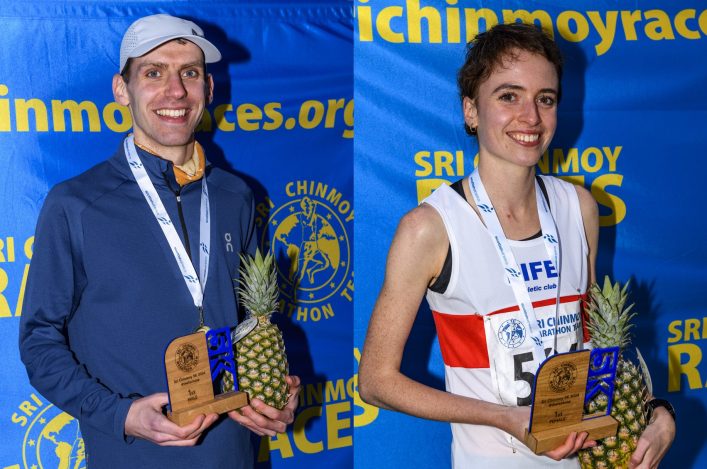Scott Stirling  & Steph Pennycook, with Pineapples, trophy and Scottish Athletics gold medals after victory in the 2024 Sri Chinmoy 5km race inc.the Scottish 5km road championships Pic Bobby Gavin