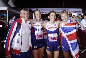 GB TeamDoha 2014- team gold L-R Eleanor Robinson,Team Manager, -Jo Zakrzewski 3rd Ellie Grenwood 1st-Jo Meek 4th. Pic Adrian Stott