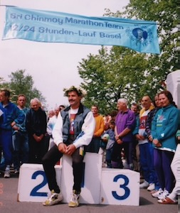 Yiannis Kouros After setting a then world 24-hour road best at the Sri Chinmoy 24-hour race in Basle of 290.221 km on 4 May 1998 Pic Adrian Tarit Stott