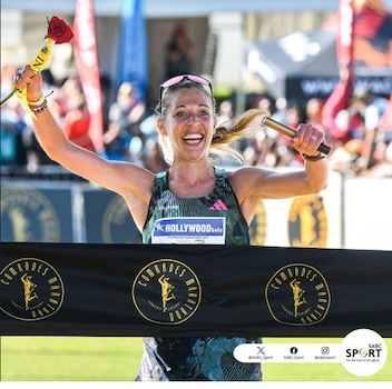 Gerda Steyn wins the 2025 Comrades Marathon. Pic Comrades Marathon.